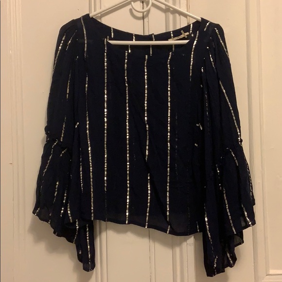 Anthropologie Tops - Anthropologie navy and silver flutter sleeve top